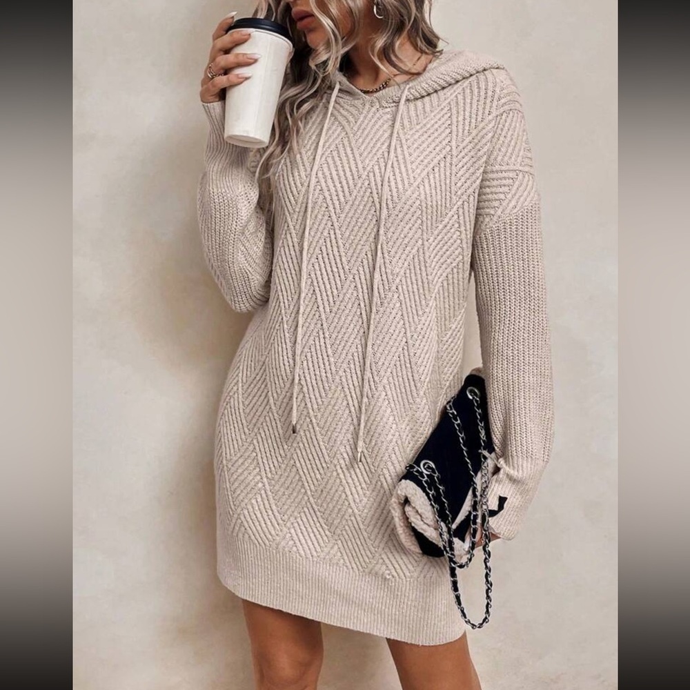 Tan cream drawstring hooded drop shoulder sweater dress